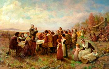 "First Thanksgiving at Plymouth," Jeannie Brownscombe, 1914.  On the eve of WWI, Brownscombe's imaginative recreation of the "First Thanksgiving" helped link Thanksgiving with the Pilgrims 1621 celebration in the public mind.  Although full of historical inaccuracies, the artist did rightly portray the feast as a large, public, outdoor event.